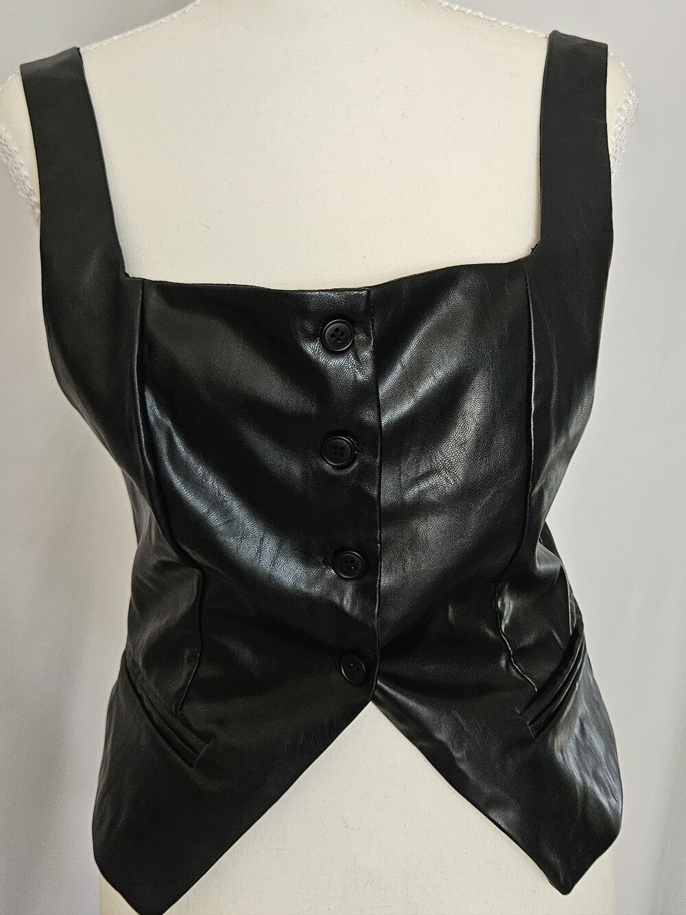 Sexy Black Faux Leather Corset Vest Top Pointed Hem Size M
